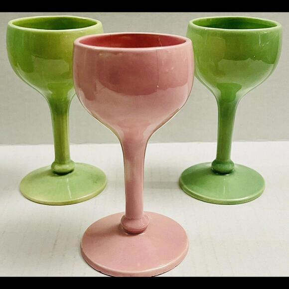 Vintage Green Ceramic Vase Signed DS- w/ 3 Wine Glass - Dated Back 1951 Original - Picture 2 of 7